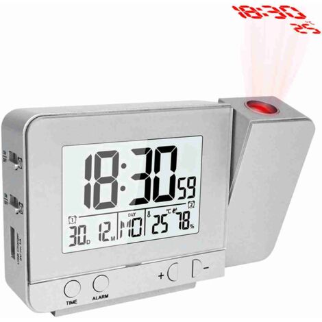 Réveil à projection pour chambre à coucher avec thermomètre et hygromètre, projet numérique, plafond, affichage LED à intensité variable, chargeur USB, rotatif à 180 °, double alarme, répétition 12/24
