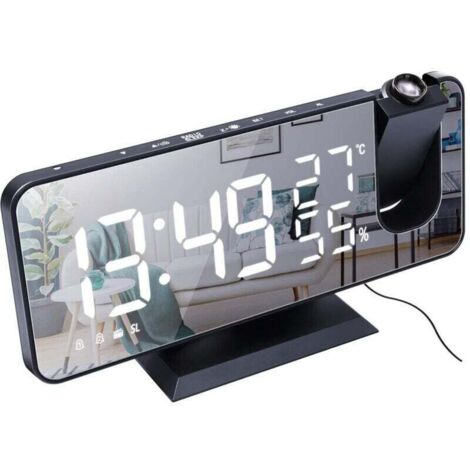 Réveil à Projection pour Chambre à Coucher Grand écran Miroir LED 7,4 '' et Radio-réveil à 4 Gradateurs avec Chargement USB Rotatif à 180 ° 2 Sons