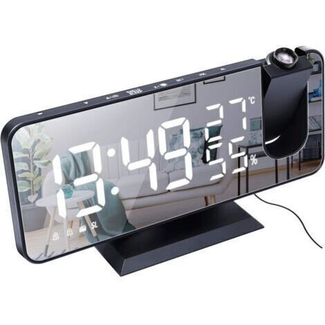 Réveil à Projection pour Chambre à Coucher Grand écran Miroir LED 7,4 '' et Radio réveil à 4 Gradateurs avec Chargement USB Rotatif à 180 ° 2 Sons Noir Blanc