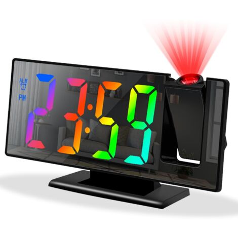 Réveil à projection pour chambre à coucher, horloge intelligente numérique avec projecteur rotatif à 180°, variateur de luminosité à 3 niveaux, écran couleur LED clair, horloge