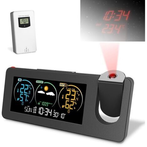 Réveil à projection, projecteur d'horloge numérique sur mur de plafond, station météo sans fil avec capteur extérieur, moniteur de température et d'humidité avec rétroéclairage coloré et prévisions