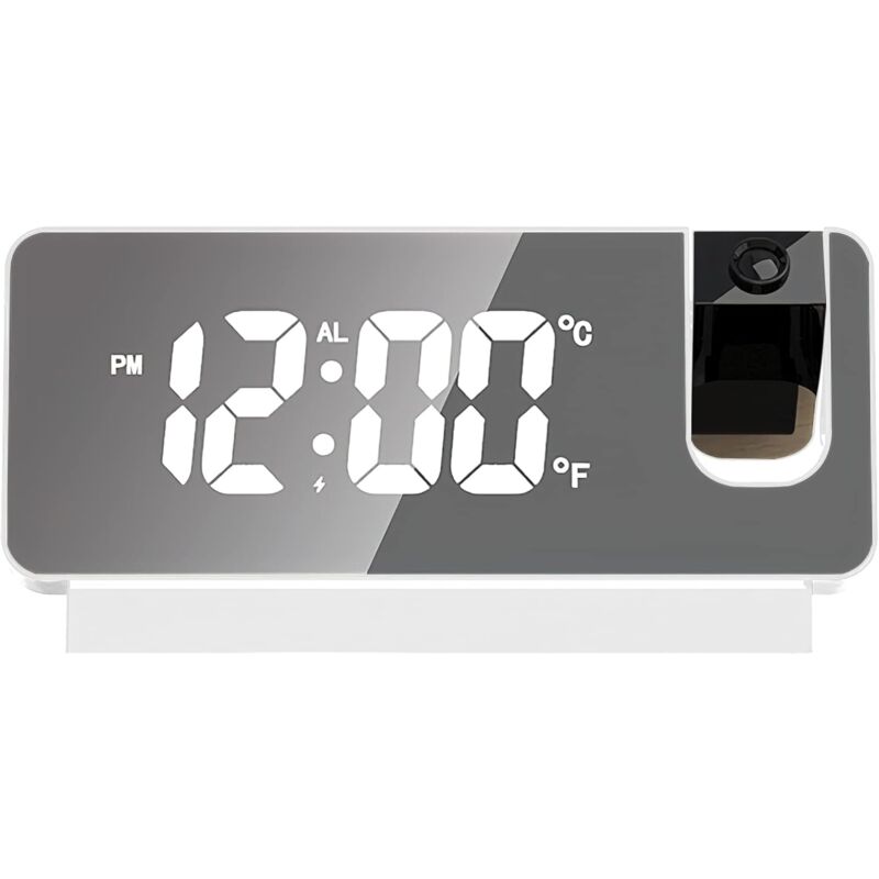 Réveil à projection, radio-réveil avec projection 180 °, réveil LED, horloge numérique, snooze, double gong, température de charge, port USB,