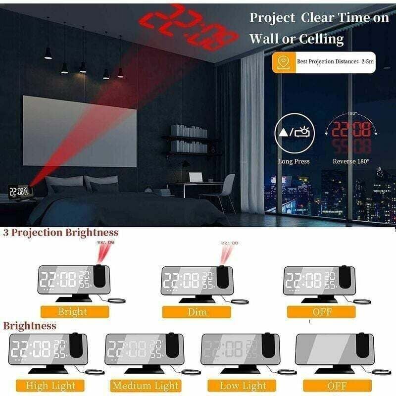Réveil à Projection, Réveil numérique à led avec Surface Miroir, Port de Chargement usb, Répétition, Double Alarme, Radio FM,Humidité de la