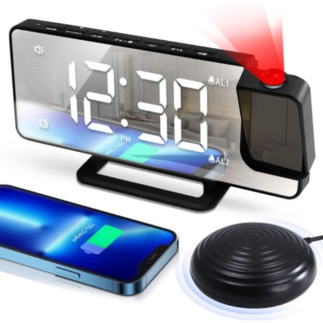 Réveil à projection, réveil vibrant puissant pour gros dormeurs, réveil miroir numérique LED 7,6 pouces avec secoueur de lit pour sourds malentendants, double alarme 12/24 heures, volume 16 niveaux