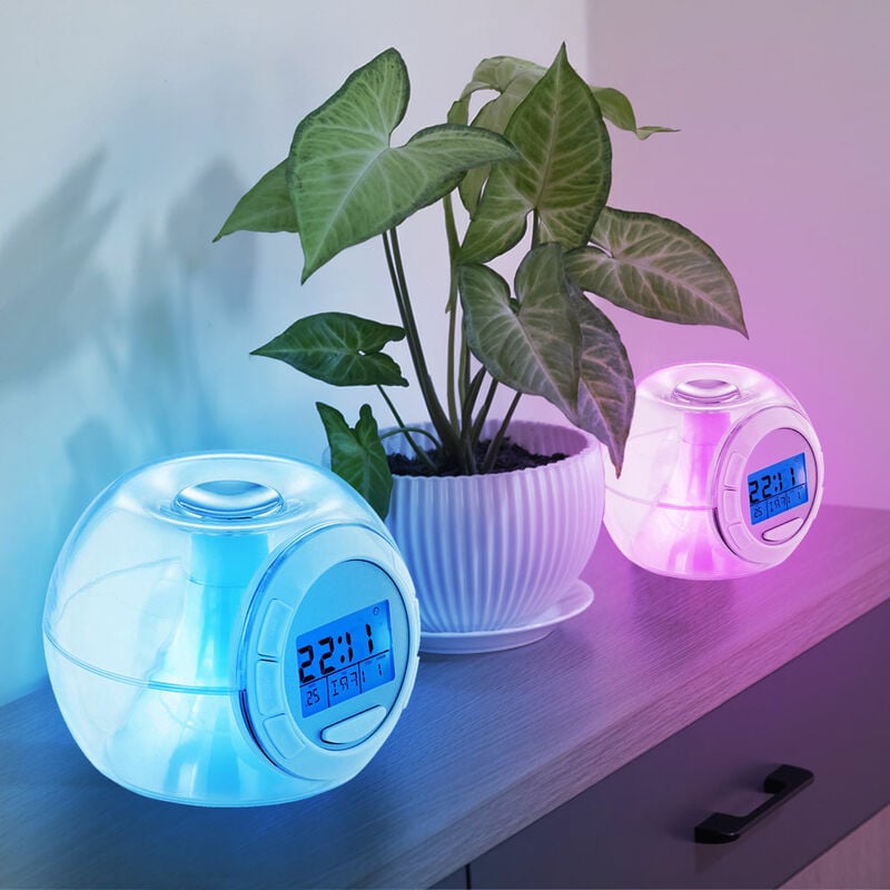 Etc-shop - Réveil numérique affichage led avec date température changement de couleur rgb avec 6 tons naturels, plastique transparent, h 8,5 cm, set