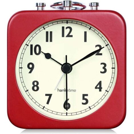 Réveil analogique carré rouge silencieux, petit réveil de voyage en métal pour chambre d'enfant, table de chevet, salon ou bureau.