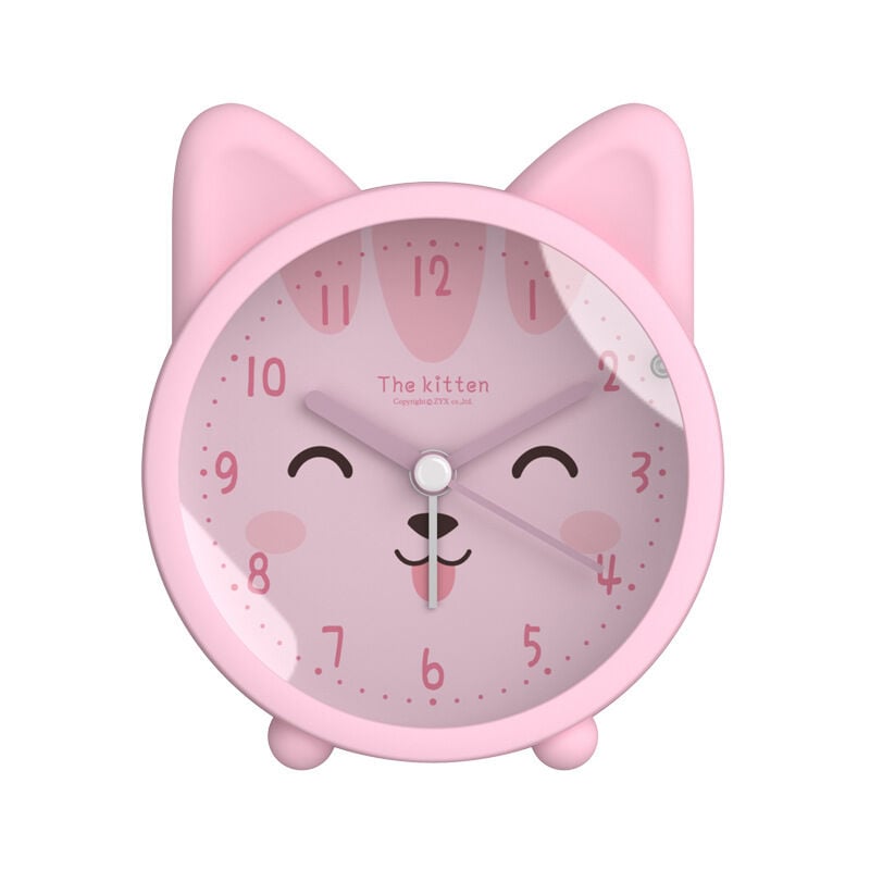 Feiyue - Réveil animal mignon pour enfants, horloge sans tic-tac, réveil de chevet silencieux avec rétroéclairage (chat, rose)