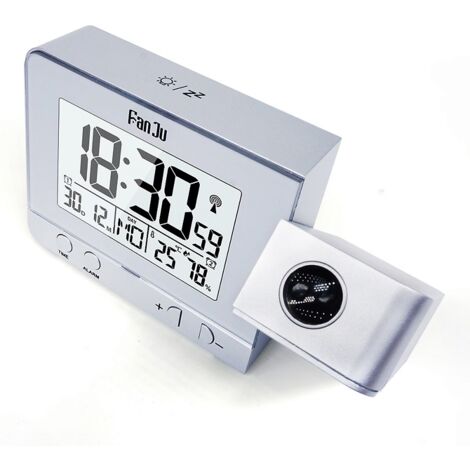 Réveil argenté avec écran LCD à projection de l'heure et de la température, affichage de la température et chargement USB