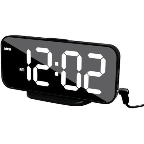 Réveil avec affichage LED, fonction snooze, réveil miroir de chevet, réveil numérique pour chambre, alimentation USB - noir