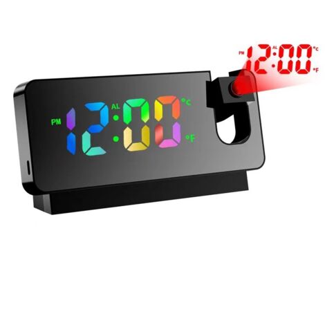Réveil avec projection, réveil miroir, avec affichage de la température et grand écran LED, rotatif à 180°, alimenté par USB, avec projection de plafond, chambre à coucher (noir)