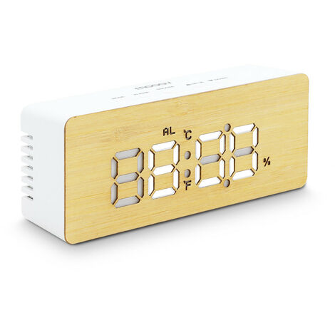 Réveil Bamboo avec affichage LED, température, taux d'humidité et snooze