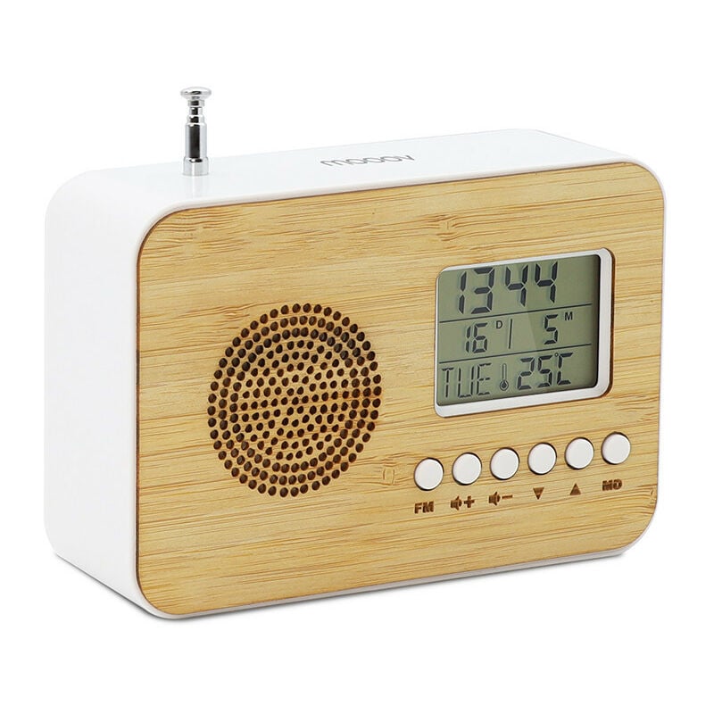Réveil Bamboo de voyage avec fonction radio fm, date et température intérieure - Blanc