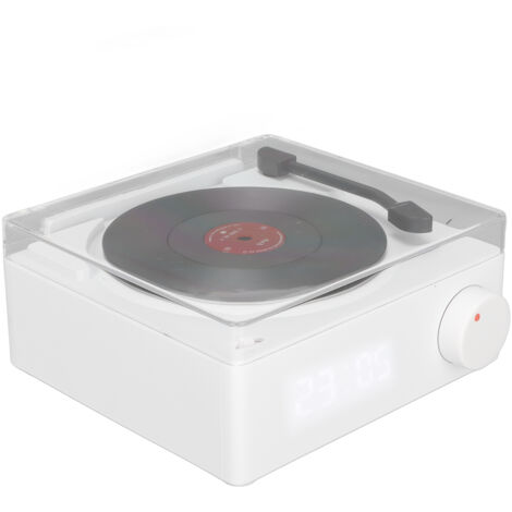 Réveil Bluetooth à disque vinyle rotatif - Haut-parleur stéréo 360° avec alarme - Design blanc rétro - Adaptateur secteur 5V 1A