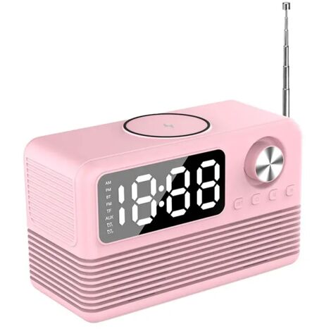 Réveil Bluetooth BT509 rose avec radio FM, charge sans fil 10 W, charge rapide USB et affichage LED. Son design élégant et minimaliste est idéal pour les chambres et les intérieurs modernes.