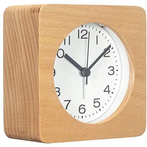 Réveil carré en bois de 7,6 cm (3 pouces) avec chiffres arabes, silencieux, rétroéclairé, fonctionne sur piles, style naturel