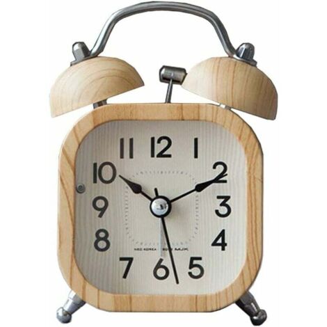 Réveil carré imitation bois, double cloche de 9,9 cm, ultra-silencieux, sans tic-tac, compact et portable, avec veilleuse, alimenté par piles, réveil de chevet.