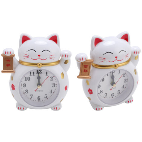 Réveil chat porte-bonheur précis en plastique, mignon et coloré, blanc YF2025B