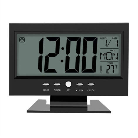 Réveil de bureau avec capteur de son numérique LCD, avec calendrier et affichage de la température, noir