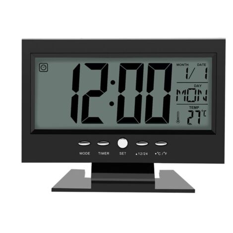 Réveil de bureau avec capteur de son numérique LCD, avec calendrier et affichage de la température, noir