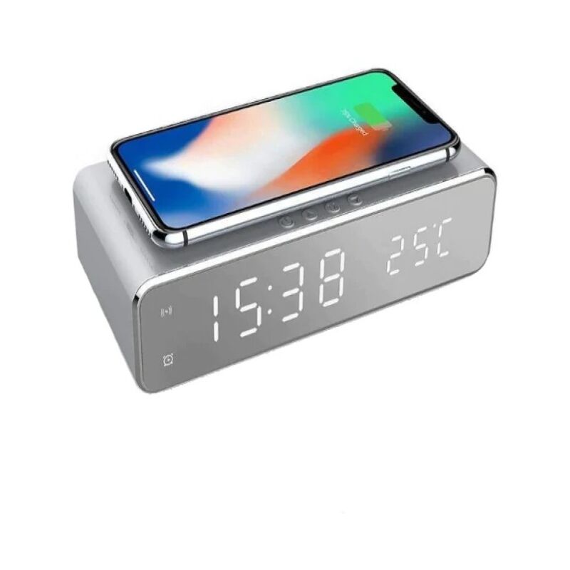 Lifcausal - Réveil de bureau avec chargeur sans fil à affichage led - Argent
