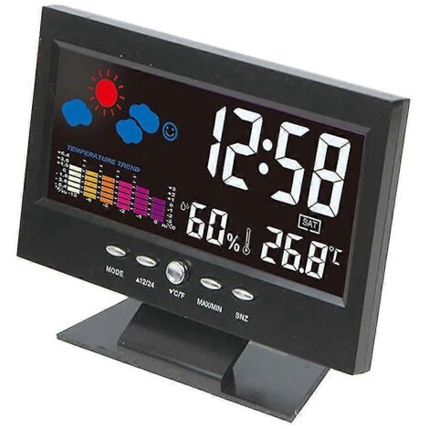 Réveil de bureau avec écran couleur, affichage de la température et de l'humidité, projection météo sans fil, écran LCD rétroéclairé, alarme C--