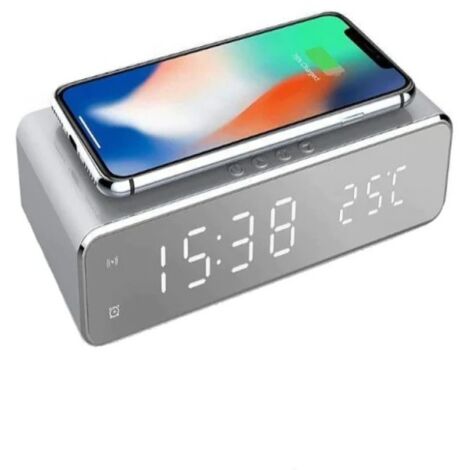 Réveil de bureau/de chevet avec chargeur sans fil et affichage LED - Argent