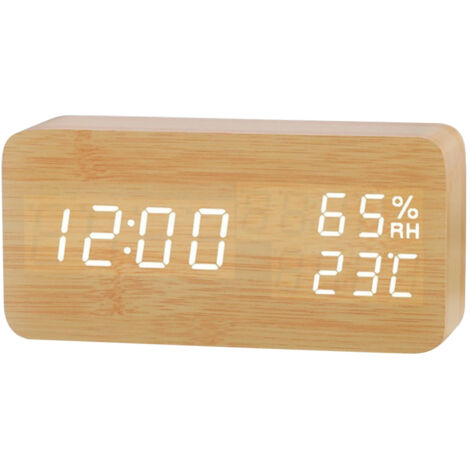 Réveil de bureau en bois, affichage jour/date/température/humidité, luminosité réglable (3 niveaux), commande vocale