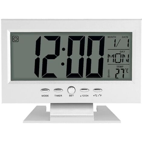 Réveil de bureau numérique à grand écran LCD avec capteur sonore (argenté), veilleuse intelligente et fonction snooze (2024)