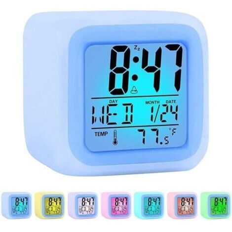 Réveil de chambre avec fonction snooze, veilleuse 7 couleurs, affichage de la date, capteur de température et format 12/24 heures.