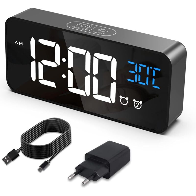 Réveil de chevet avec température, horloge numérique avec 2 alarmes, fonction répétition, 4 niveaux de luminosité, commande vocale, chargement usb,