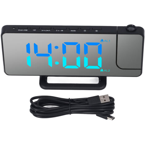 Réveil de Projection 7.4 pouces LED miroir numérique avec projecteur lumière RGB Port USB C couvercle noir