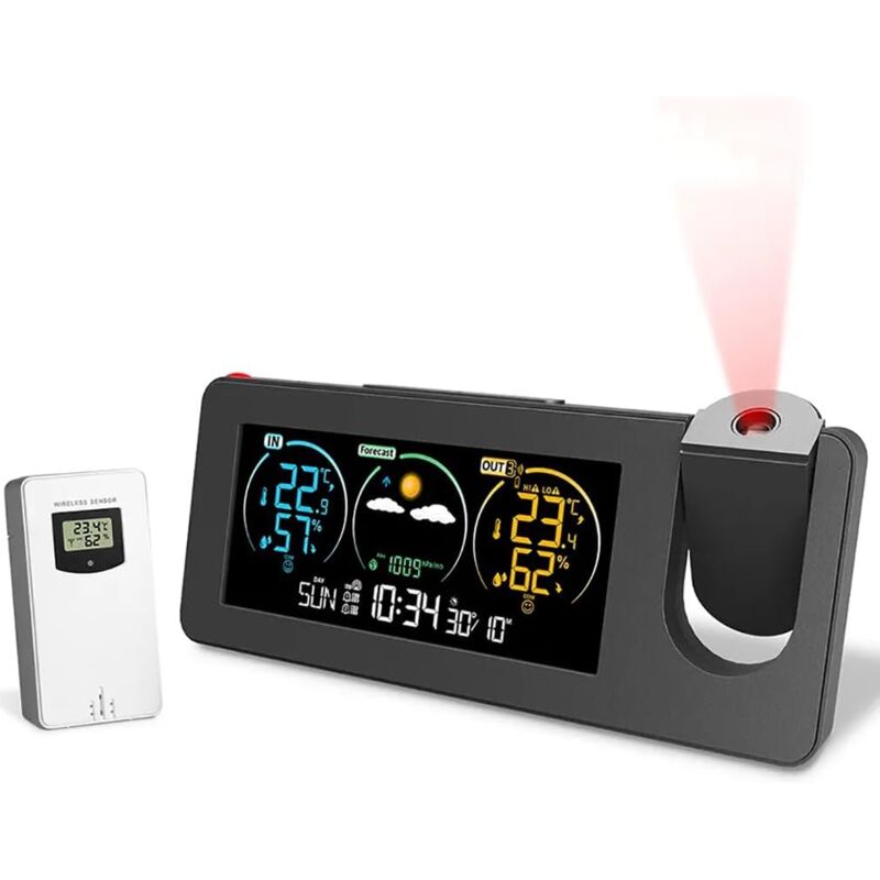 Réveil de projection, station météo avec capteur extérieur, projecteur de chambre à coucher, horloge à intensité variable, double alarme, affichage