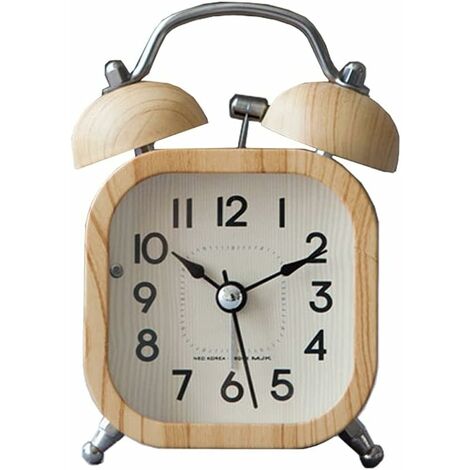 Réveil De Simulation En Bois Fondé, Cloche Double De 9,9 Cm, Ultra -Quiet, Pas De Son De Tic-Tic, Heures Avec Des Lumières Nocturnes, Alimentation Batterie, Horloge De Table De Chevet