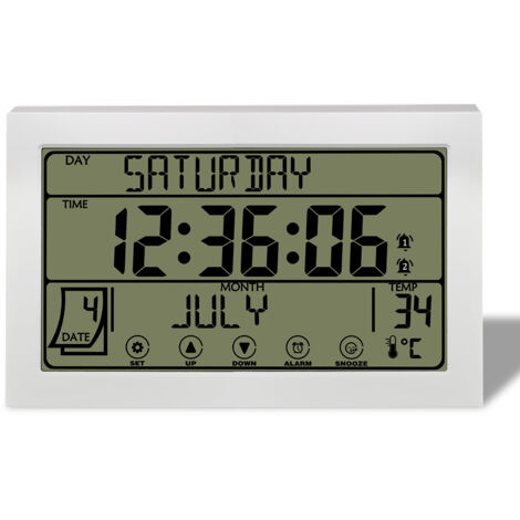 Réveil de Table Mural Multifonction avec Grand Écran LCD Tactile - Horloge Numérique avec Affichage Complet du Jour de la Semaine, Calendrier, Température Intérieure et Double Alarme - Pour Chambre, S