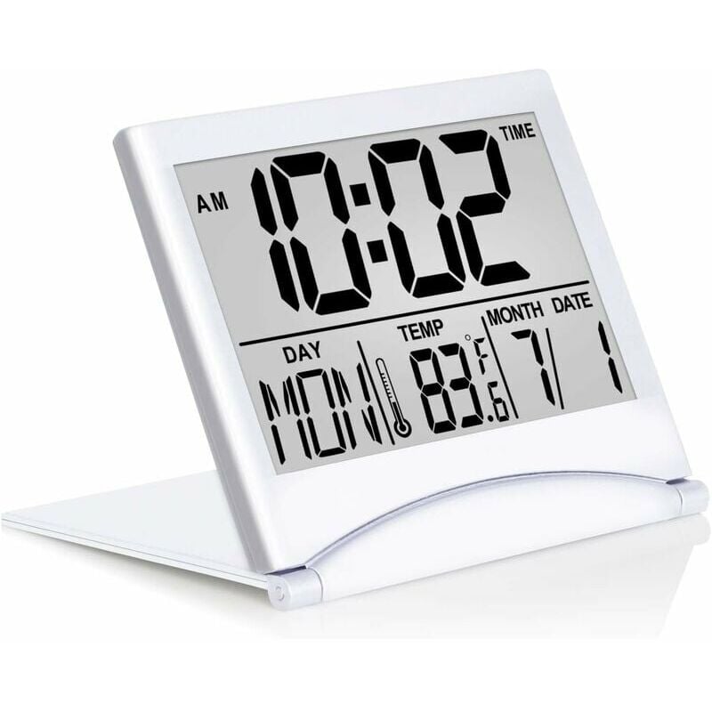 Réveil de Voyage Numérique - Calendrier Pliable Minuterie de Température Horloge LCD - Affichage Grand Chiffre, Fonctionne sur Piles (Argent, Pas de