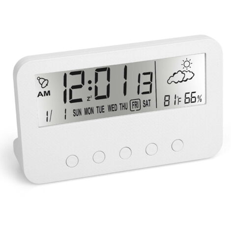 Réveil de voyage numérique LCD rétroéclairé avec affichage de l'heure, calendrier et minuteur de température, fonction snooze, lumineux, à piles, pour la chambre ou le bureau.