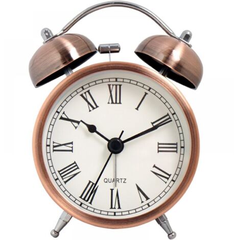 Réveil de voyage rétro silencieux et sans tic-tac, horloge analogique à double cloche à quartz, fonctionnant sur piles (à