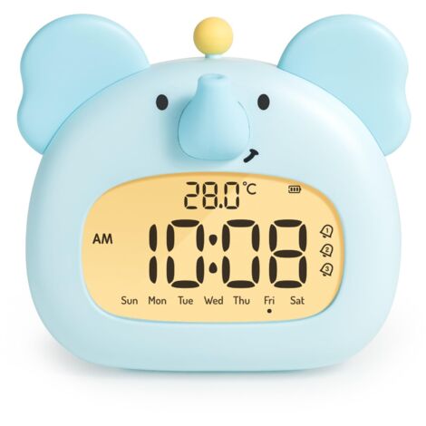 Réveil décoratif éléphant pour Enfant avec veilleuse, écran LED numérique, 3,15 Pouces, Trois alarmes, Mode Week-End, Date, Heure, température, Rechargeable, décoration pour Chambre de bébé