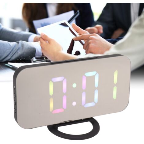Réveil Digital à LED Miroir - Grand Écran RGB avec Régulation Lumineuse 6 Niveaux, Ports USB Double - Cadran Miroir Acrylique - ABS Noir
