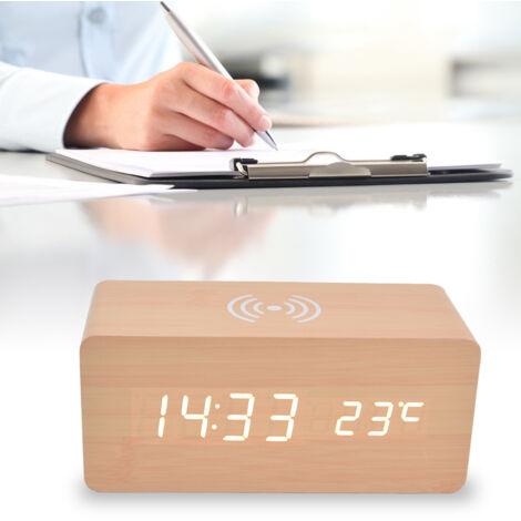 Réveil Digital Bluetooth avec Chargement Sans Fil, Détection Automatique de Température, 3 Alarmes, Mode Lumière Intelligent, Matériaux PVC et Noyer, Dimensions 16,1 x 7 x 6,9 cm, Blanc