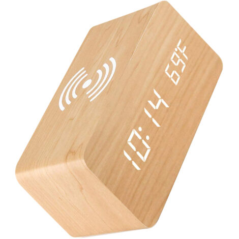 Réveil Digital Chargeur Wireless : Affichage LED, Température, Bois Naturel - Modèle Bamboo/Mahogany/Black, 160mm