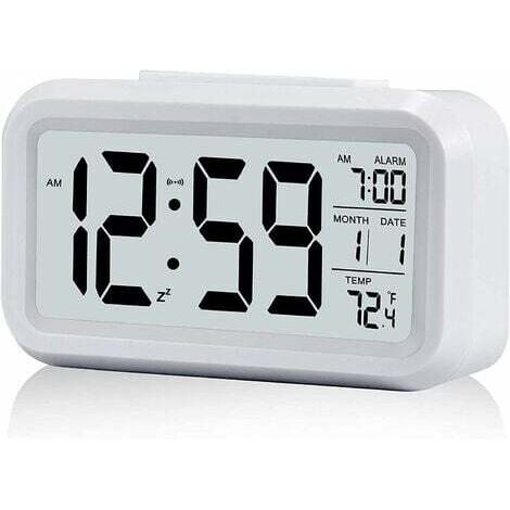 Réveil Digital Réveil Matin, Horloge Numérique Réveil à Pile Silencieux pour Enfants Adultes Grand écran LED Température Calendrier(Blanc)