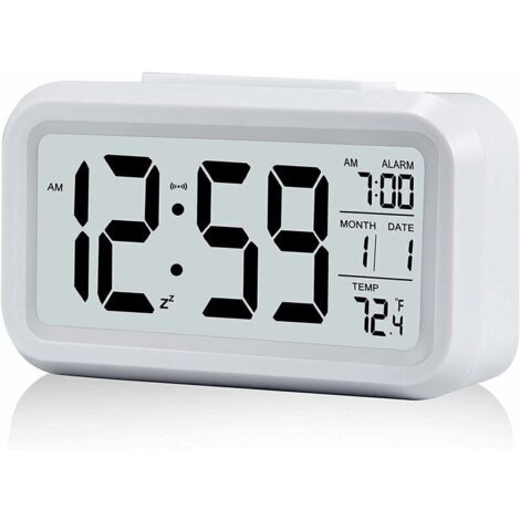 Réveil Digital Réveil Matin, Horloge Numérique Réveil à Pile Silencieux pour Enfants Adultes Grand écran LED Température Calendrier(Blanc)
