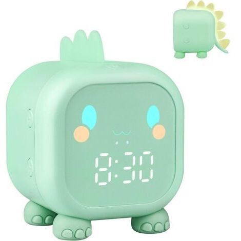 Réveil Dino LED Digital pour Enfants - Lumière de Nuit, Alarme Douce, Volume Ajustable, Recharge USB, Vert