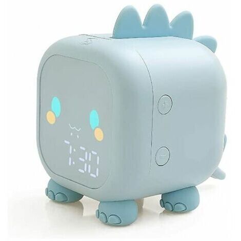 Réveil dinosaure mignon pour enfants, rechargeable par USB, affiche automatiquement l'heure, la date et la température, lampe de chevet avec fonction snooze et veilleuse à activation vocale.