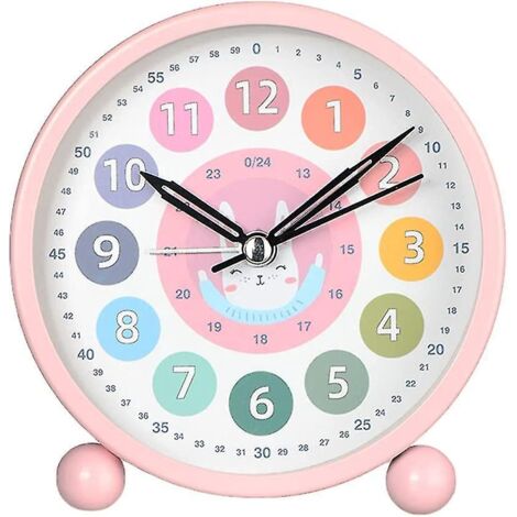 Réveil éducatif pour enfants (garçons/filles), petit réveil de table silencieux et mignon, à piles, réveil analogique 4 pouces pour chambres (rose)