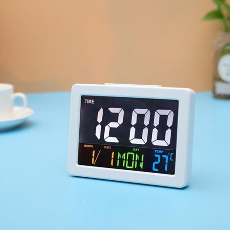 Réveil électronique de bureau à écran LCD couleur, grand écran affichant la température et la date - blanc