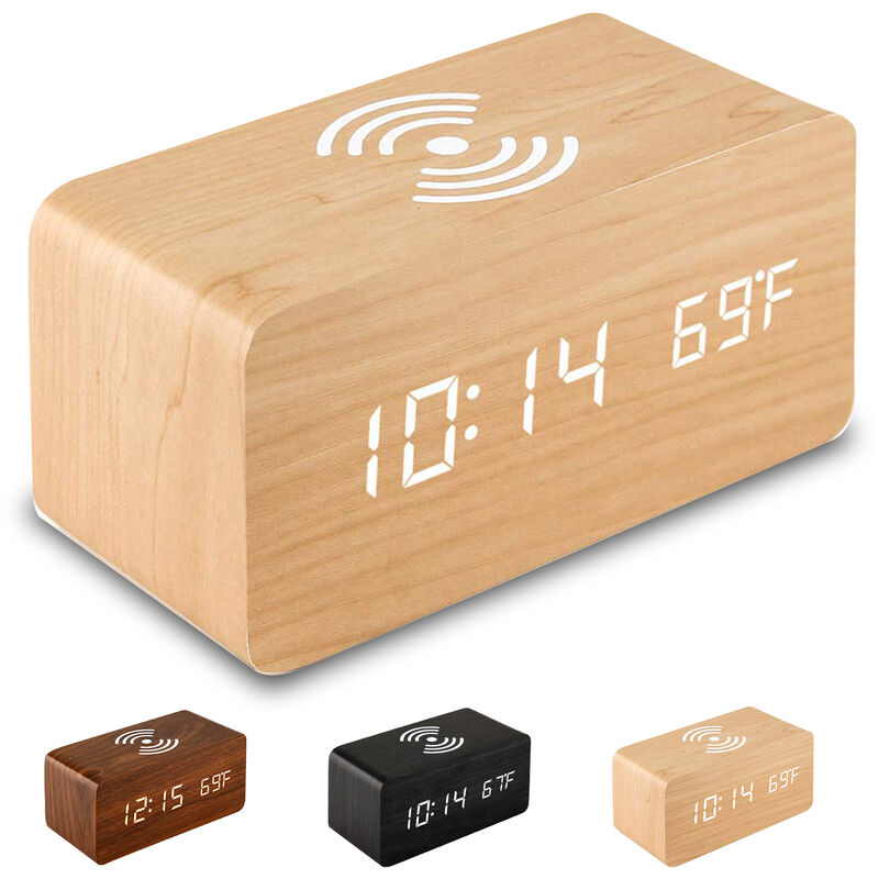Réveil électronique digital intelligent en bois avec fonction de recharge sans fil/affichage de la température (bois de bambou avec caractères blancs)