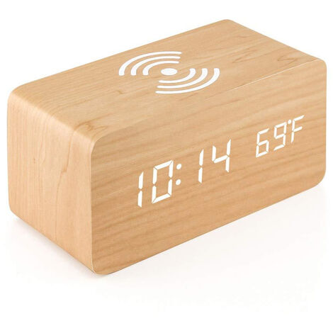 Réveil en bois avec chargeur sans fil compatible avec iPhone Samsung Horloge numérique LED en bois Fonction de contrôle du son, heure, date, affichage de la température pour chambre, bureau, maison, bambou