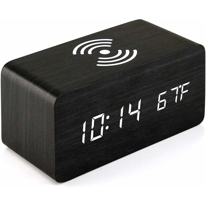 Xinuy - Réveil en bois avec chargeur sans fil compatible avec iPhone Samsung Horloge numérique led en bois Fonction de contrôle du son, heure, date,